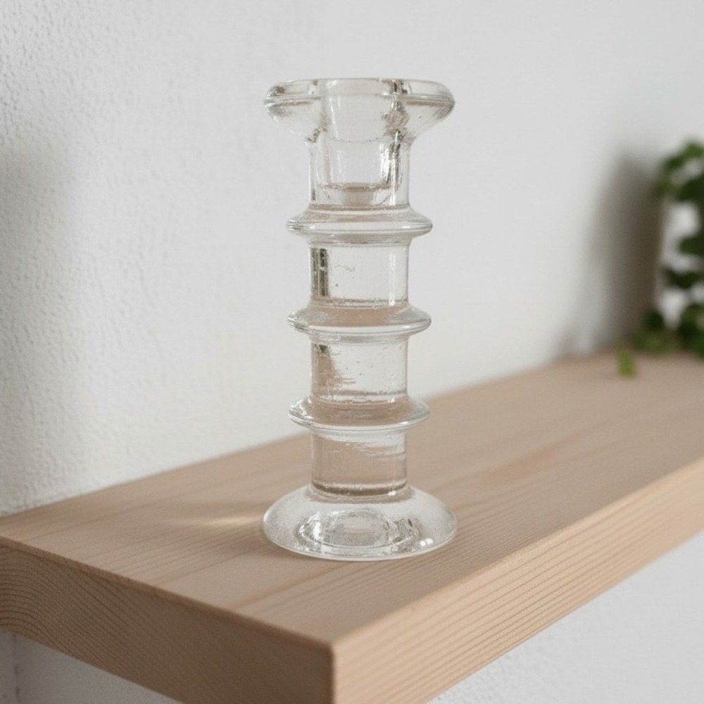 Pukeberg Sweden Three-Ring Pressed Glass Candlestick, Scandinavian Candle Holder